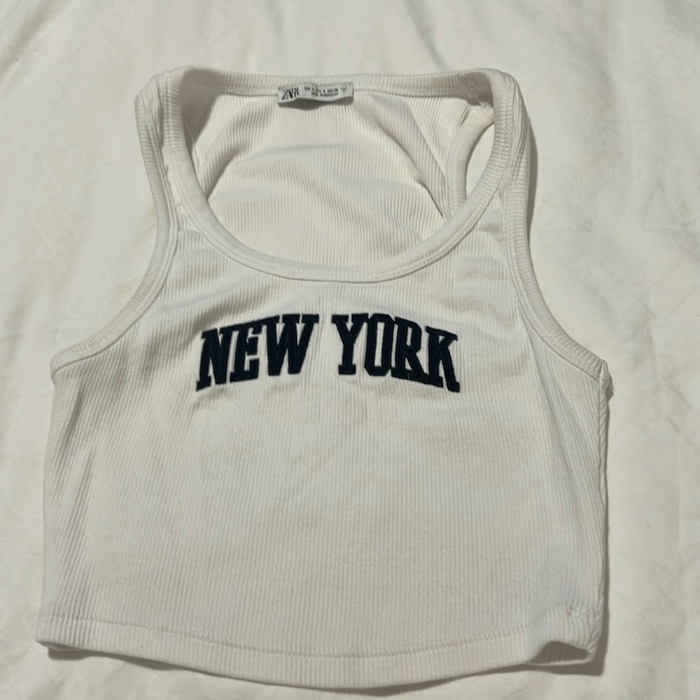 Zara White Ribbed New York Crop Tank Top